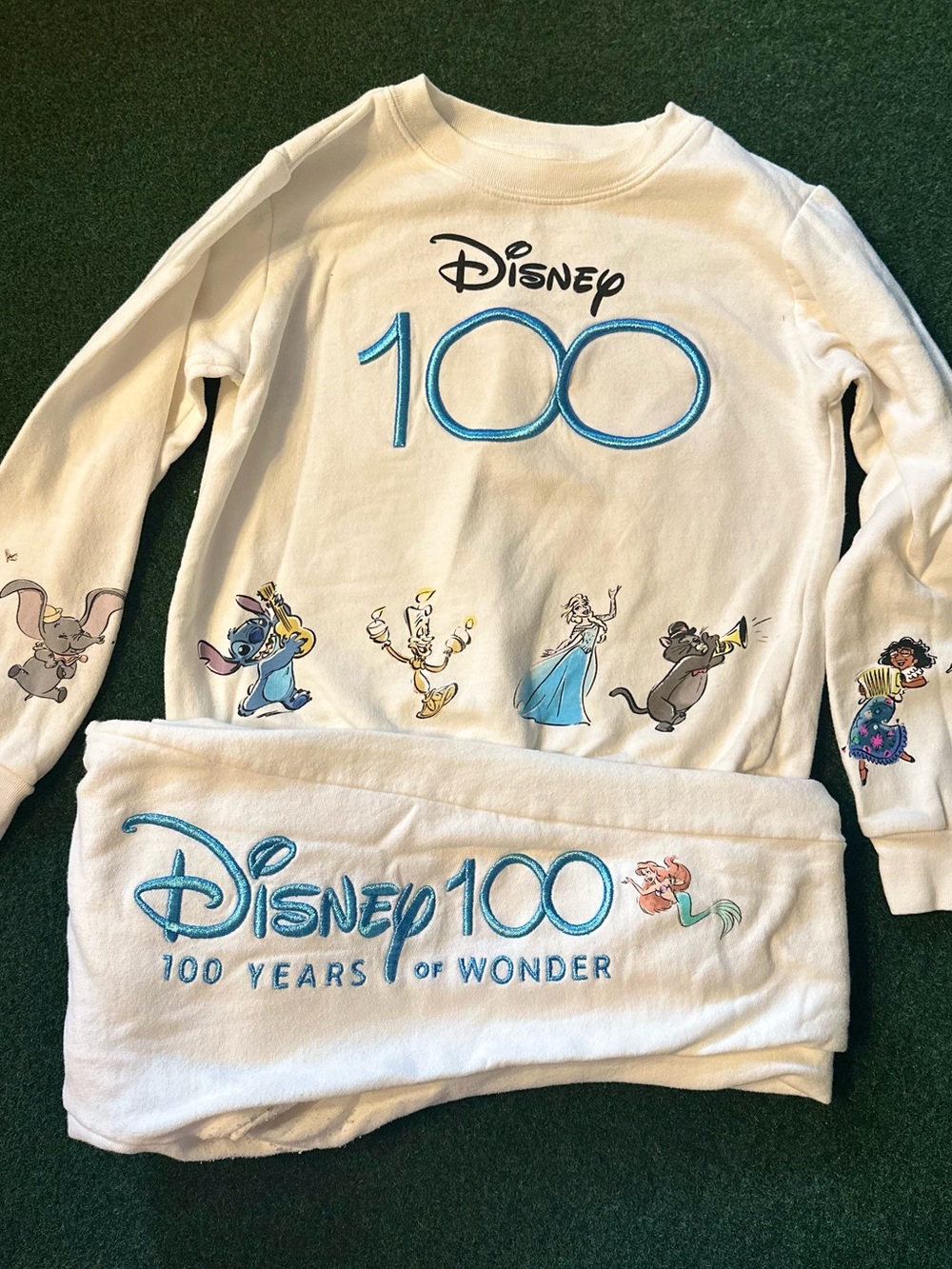 Disney White Kids Sweatshirt with Blue '100' and Multi-Character Sleeve Art